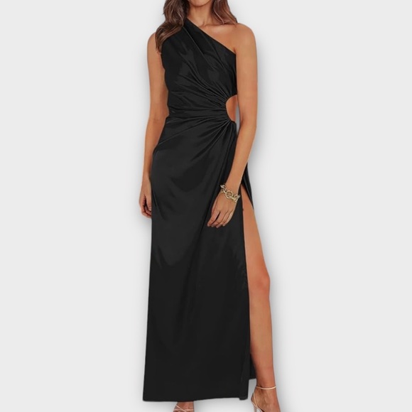 PrettyGarden Dresses & Skirts - Pretty Garden One Shoulder Cut Off High Split Black Satin Dress